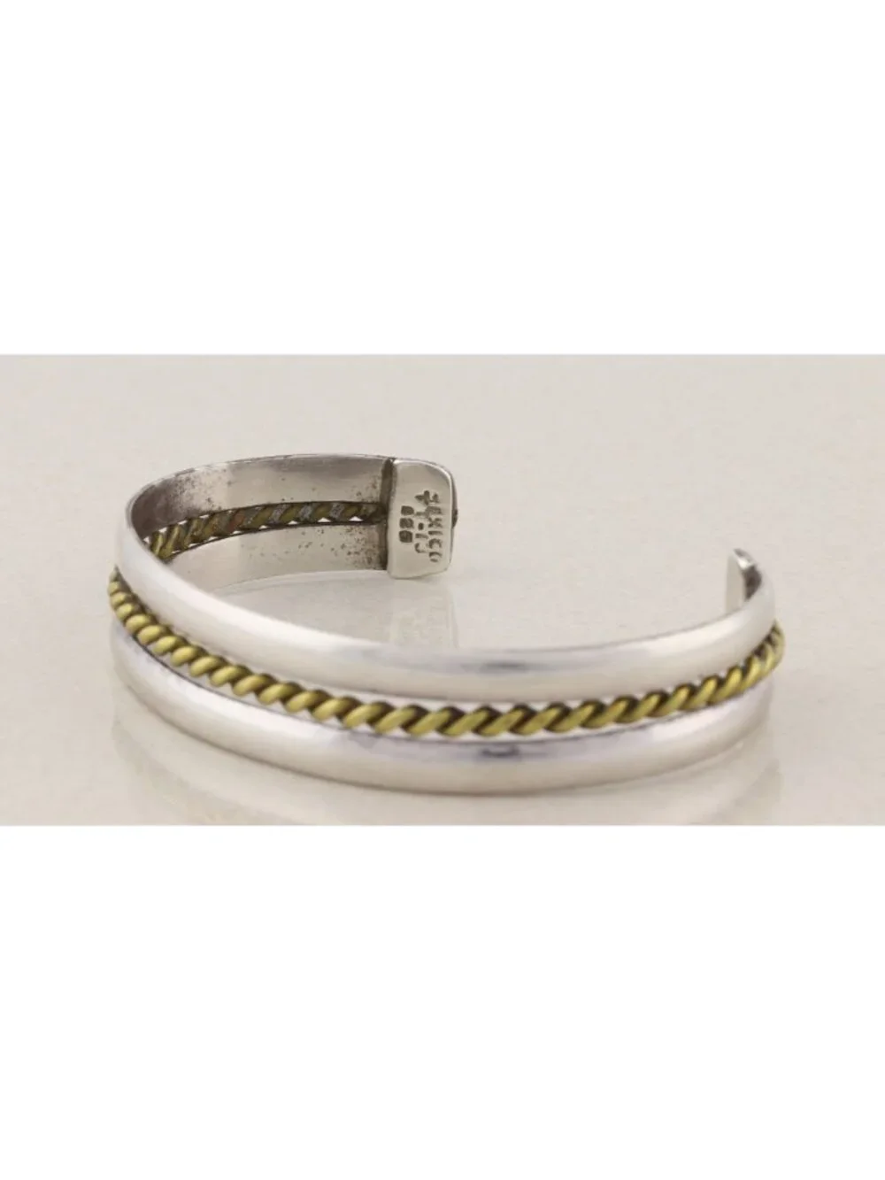 Sterling Silver Cuff Bracelet with Brass Center Rope Design Adjustable 7